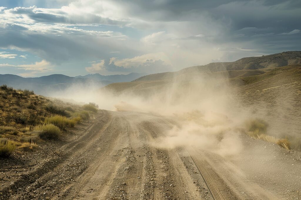 a truck kicks up dust as it drives down a dirt road in the deser